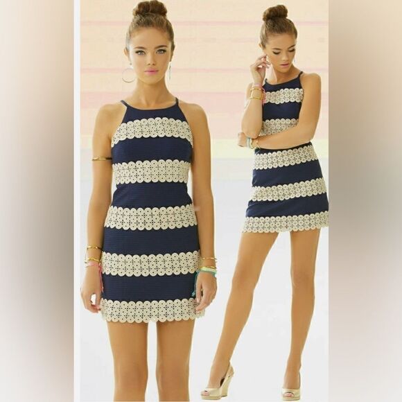 Lilly Pulitzer Annabelle Shift Dress Style Number 11561 Sz 2 Navy Blue and Gold - Picture 3 of 14